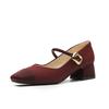 Shallow single shoes women's spring new French square head thick heel Mary Jane shoes women's burgundy high-heeled single shoes
