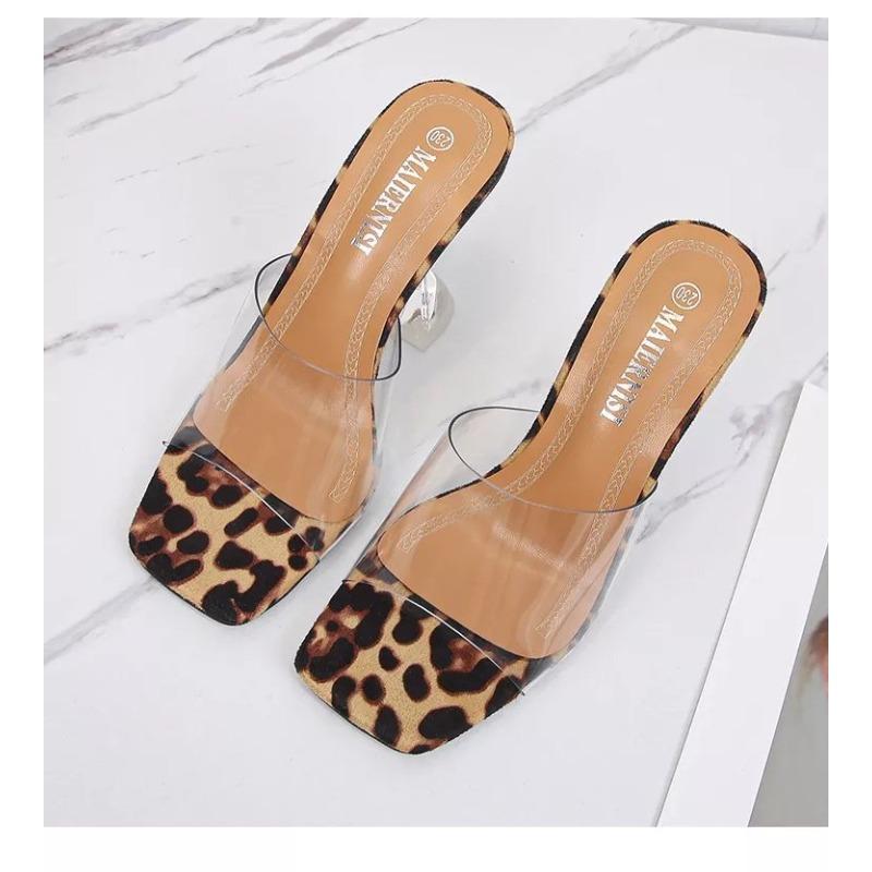 Large size summer new transparent one-word open-toed high-heeled square head sandals women's slippers