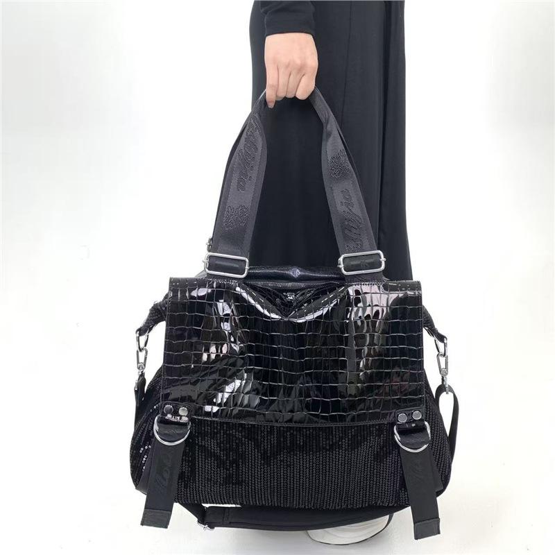 Y2K Crocodile Pattern Women S Sequined Tote Bag Large Capacity Street Personality Splicing Messenger Handbag Standard чёрный