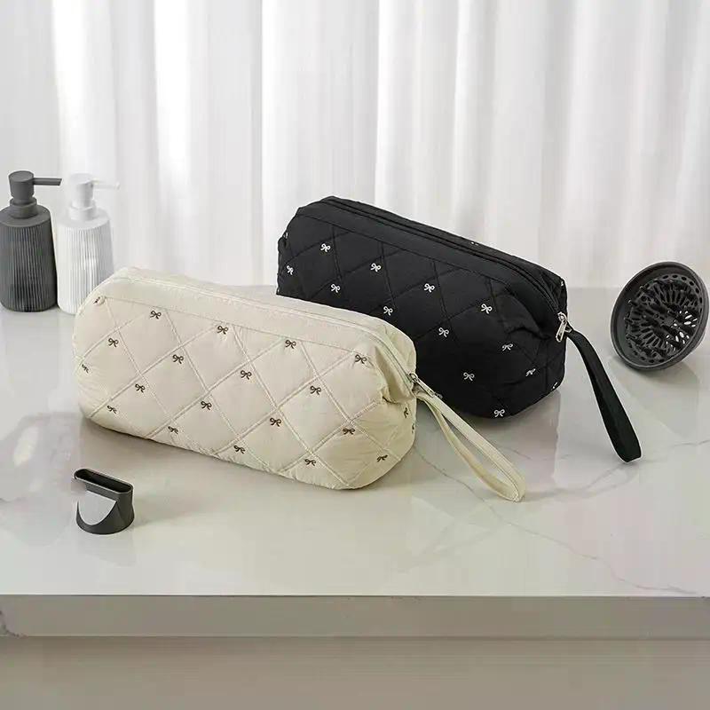 Women Hair Dryer Storage Bag For Travel Cute Bow Embroidery Quilted Hair Tools Waterproof Zipper Cosmetic Bags