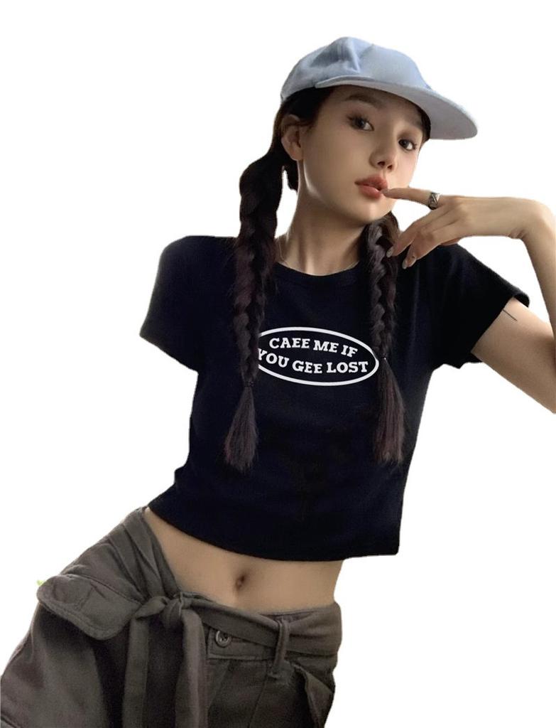 American Retro Short-sleeved T-shirt Women's Summer New Design Sense Spice Girl Navel Slim Short Student Top