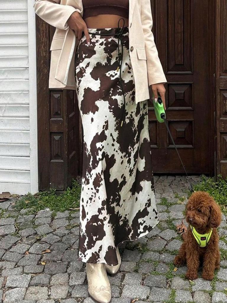 2025 Autumn/Winter Women's Satin Print Long Skirt - Slimming Imitation Silk