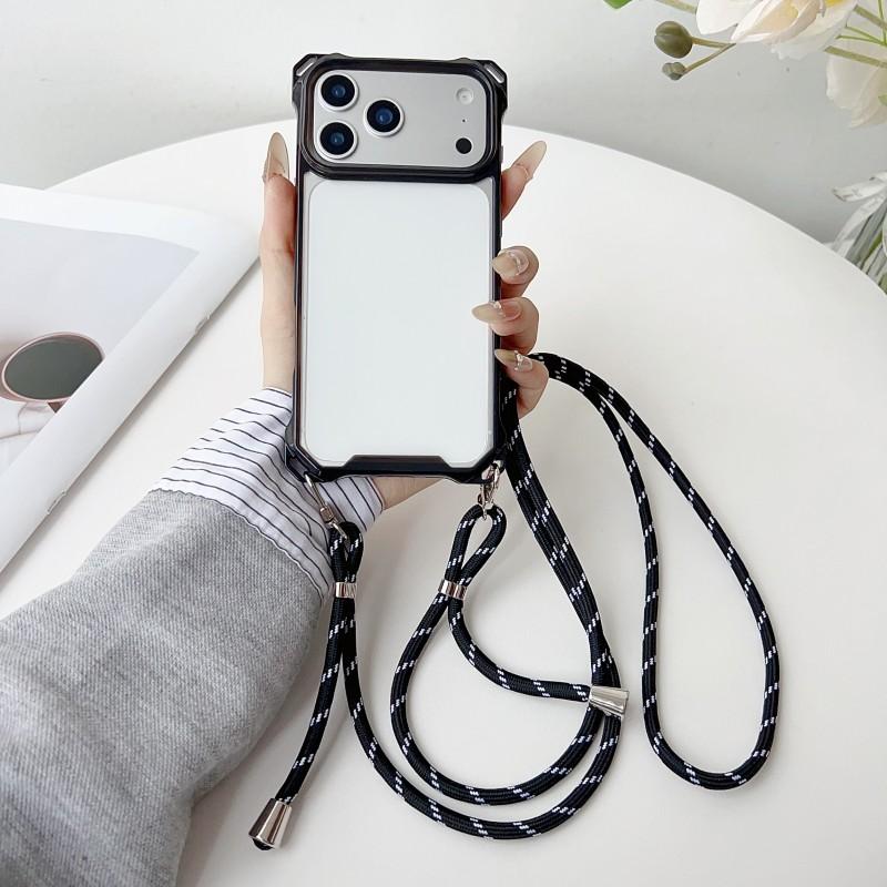 Four Corners Strap Cases For iPhone 17 Pro Max 11 12 13 14 15 16 Pro Crossbody Cord Lanyard Shockproof Clear Hard Plastic Cover