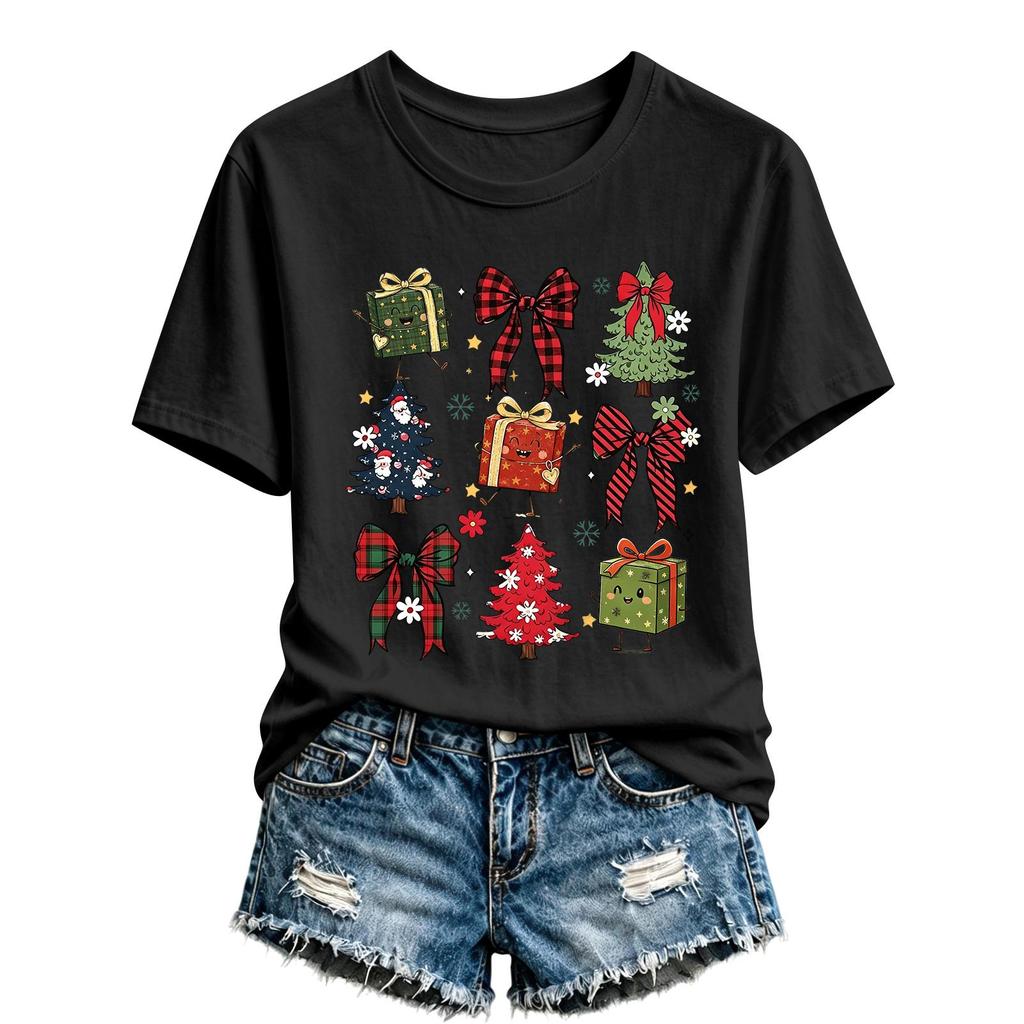 Damen Casual Weihnachten Bedrucktes Kurzarm-T-Shirt mit festlichem Feiertagsdesign