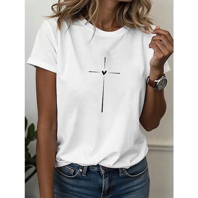 Europäische Größen Damen Freizeit Sport T-Shirt, Rundhals T-Shirt, Minimalistisches Kunst T-Shirt mit Kreuz- und Herzdesign, Stilvolle Alltagskleidung für Damen