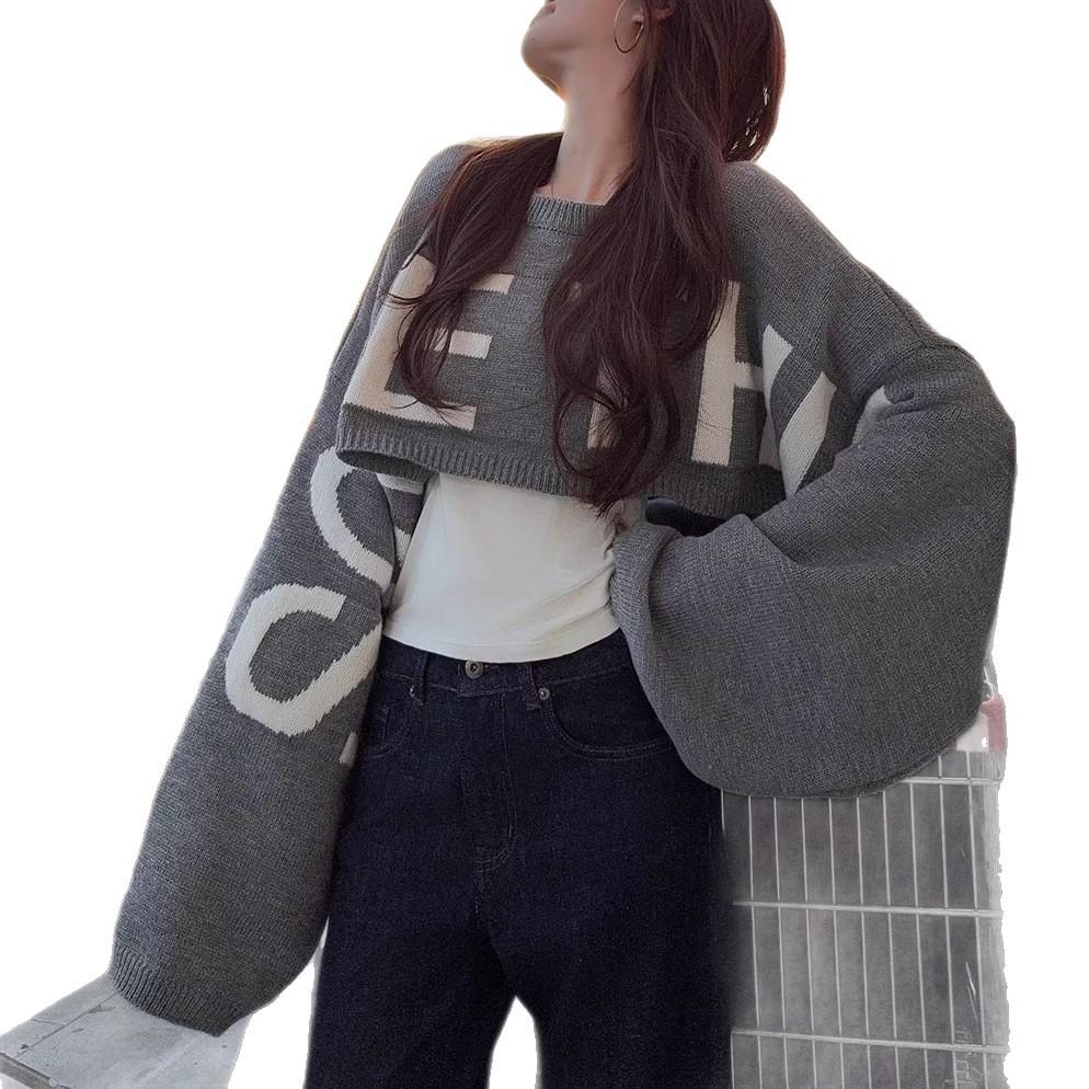 Arctic Velvet Washing Water, Sweet and Spicy Cool Girl Short Letter Jacquard Long-sleeved Sweater Women's Autumn and Winter Pullover Knitting