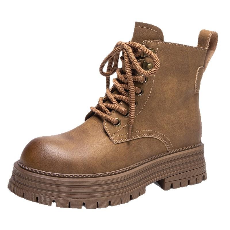 Retro Martin boots women's autumn and winter rhubarb boots thick-soled heightening leather tooling short boots