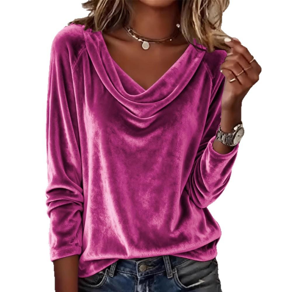 2025 New Women's Casual Pile Collar Long Sleeve Pullover Loose Solid Color Multicolor Women's T-Shirt