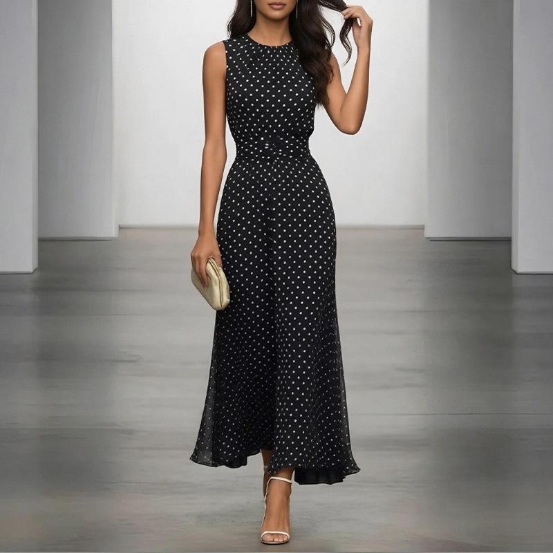Fashion Polka Dot Maxi Dresses Women Elegant O-neck Lotus Hem Long Gowns Chic Lady Sleeveless High Waist Bodycon Summer Robes