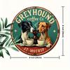 2d Flat 20*20cm, Retro Greyhound Coffee Company Circular Wooden Logo, Retro Wall Decoration with Dog and Coffee Design, Rustic Blue Background