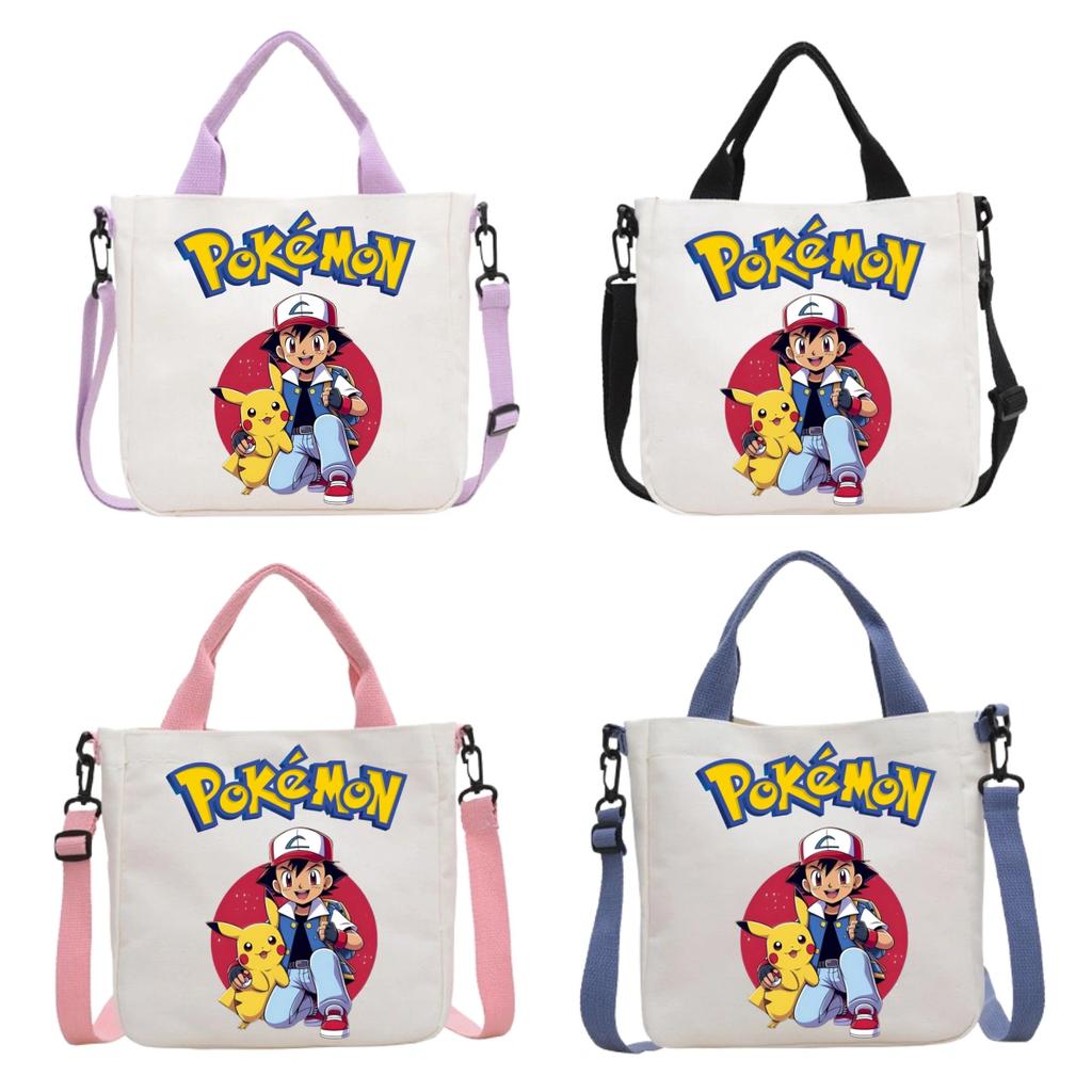 Pokemon Canvas Crossbody Bag Pikachu Cartoon Pattern Print Handbag Fashion Portable Large Capacity Travel Shopping Storage Kid Friendly Entertaining