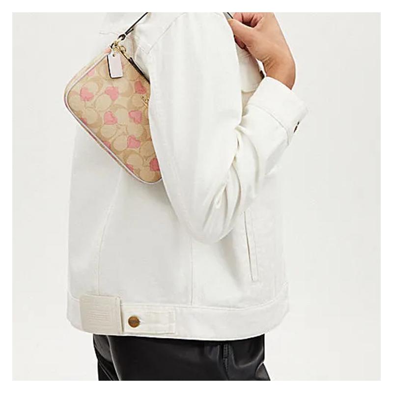Coach Nolita 19 Classic Presbyopia Heart Print Zipper Closure PVC Underarm Bag Hand Shoulder Bag Small Women's Light Khaki and Chalk White