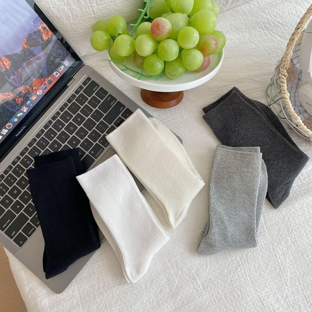 Multi-Color Solid Women's Knee-High Socks Cotton Double-Needle Sweat-Absorbent Socks