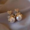 Exquisite Heart-Shaped Bowknot Faux Pearl Dangle Earrings with Shiny Zircon Inlay Fashionable Alloy Ear Studs