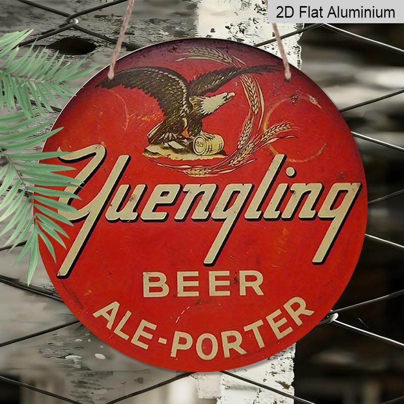 2D Flat, 1pc Yuengling Beer Vintage Round Metal Sign - Eagle & Barrel Design, Red & White Retro Wall Art, Durable Aluminum Sign with Pre-Drilled
