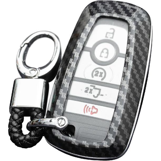 Carbon Fiber Car Key Fob Cover Case Chain Compatible With Ford F-150 Raptor Explorer Escape Fusion Bronco Sport Edge Lincoln Corsair Nautilus