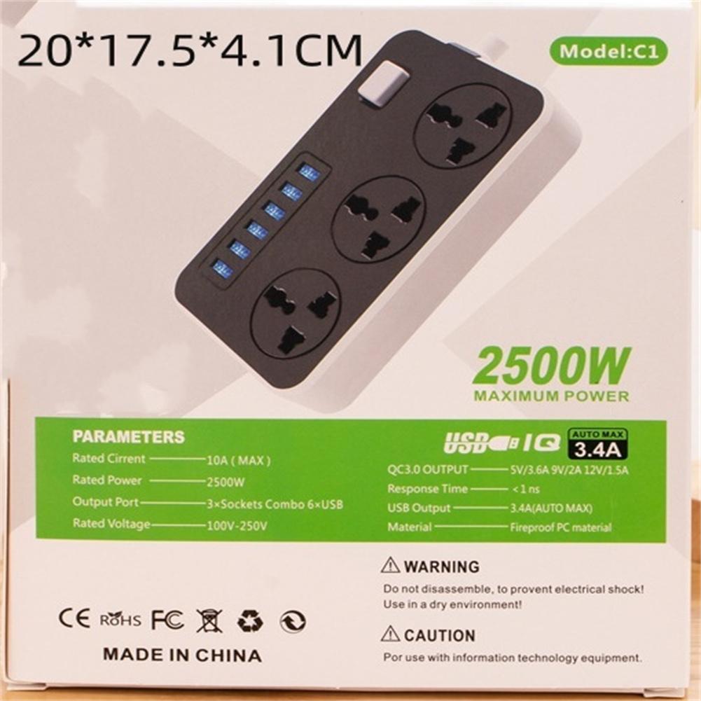 GA042 Power Strip With 6 USB Ports, 3 Sockets Combo 2000W Rated Power EU Plug EN Plug Child Safe Power Strip For Home Bedroom Office