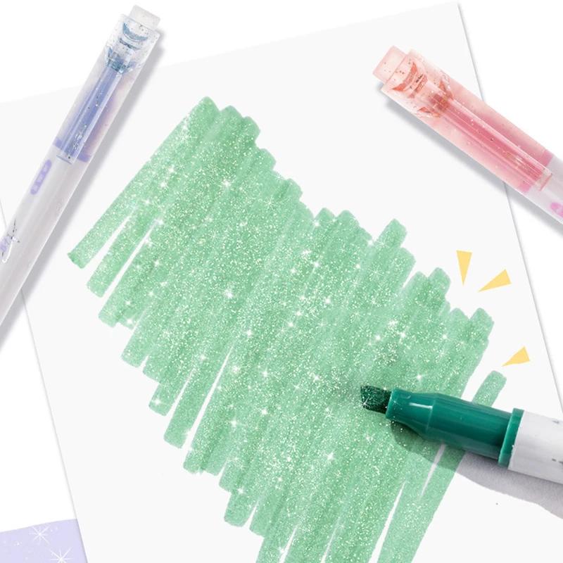 Glitter Marker Highlighter Pens Chisel Fine Tip Assorted Fluorescent Color for Art Journal Coloring Hand Lettering Sketching