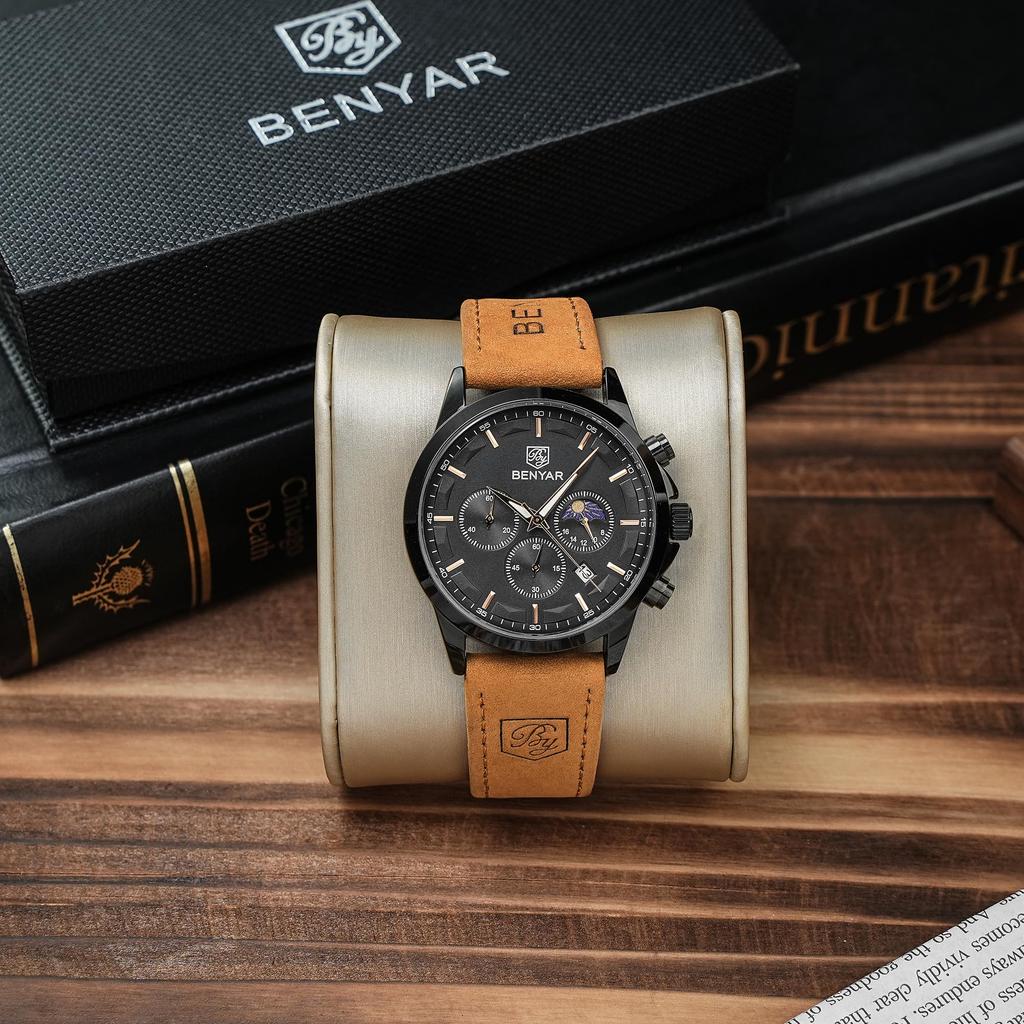 BENYAR Chronograph Watch with Leather and Brown or Black Men's Multi-Calendar Strap, Water-Resistant Scratch-Resistant,