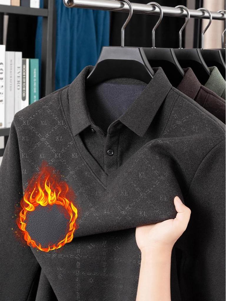 Fleece-Lined Two-Piece Lapel Polo Shirt: Men's Warm Autumn/Winter Casual Print Top