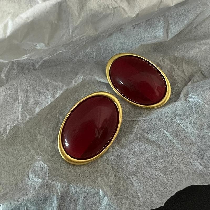 Vintage Red Resin Earrings for Women Retro Stud Earrings Luxury Large Geometric Oval Earrings Party Wedding Ear Jewelry Gifts