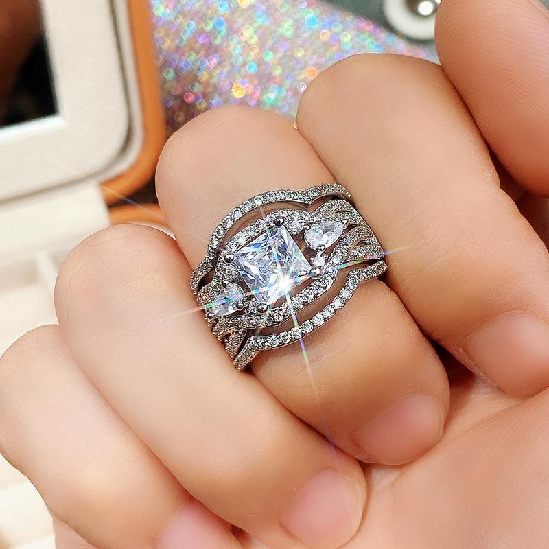 Set de inele de nuntă Noble Lady cu CZ strălucitor Seturi superbe de inele de mireasă de 3 buc. Accesorii delicate de înaltă calitate pentru femei