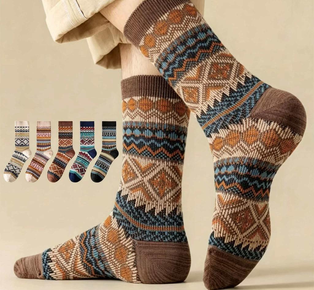 Autumn Crew Breathable Knitted Geometry Pattern Warm Ladies Terry Wool Socks