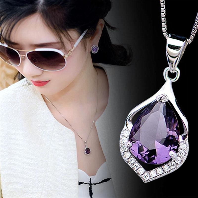Korean Silver Necklace with Natural Amethyst Water Drop Pendant for Women