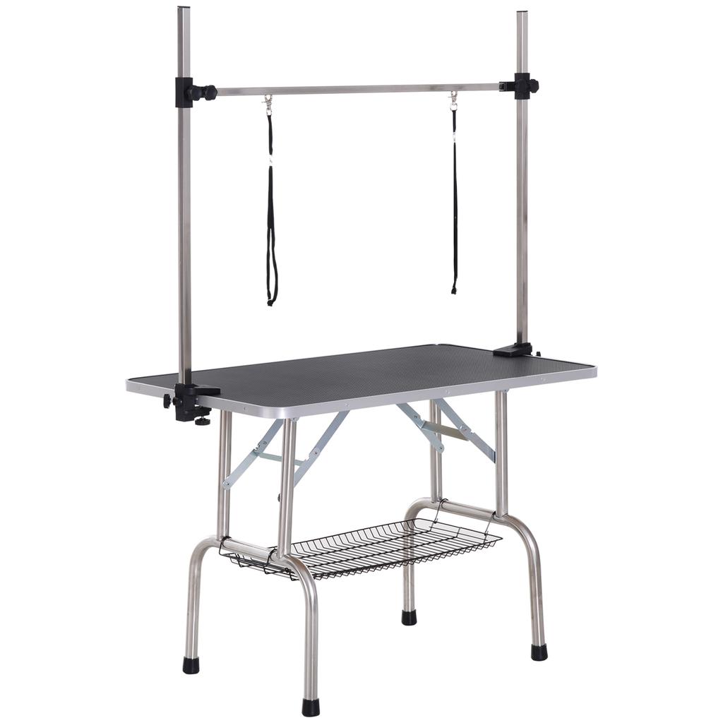 42" Dog Grooming Table, Adjustable Pet Cat Drying Beauty Table with 2 Loops Storage Basket, Rubber Top, Black