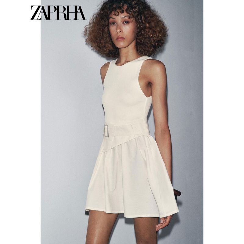 Zaprha 2025 Autumn New French style With Belt Twill Patchwork round Neck Sleeveless Short Dress 0264452