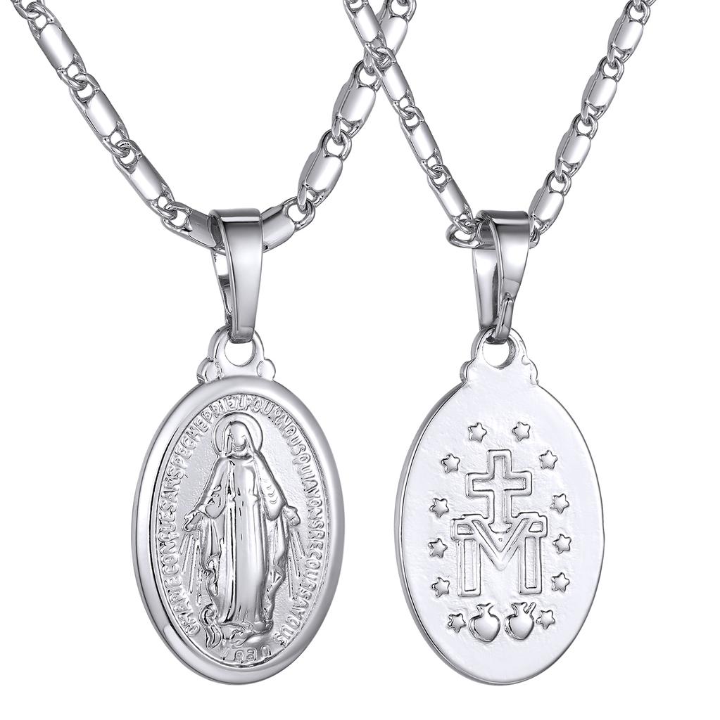 U7 Vigin Mary Necklaces 22" Chain 3D Embossed Vigin Mary Oval Coin Pendant Medallion Religious Christian Dainty Jewelry Gift