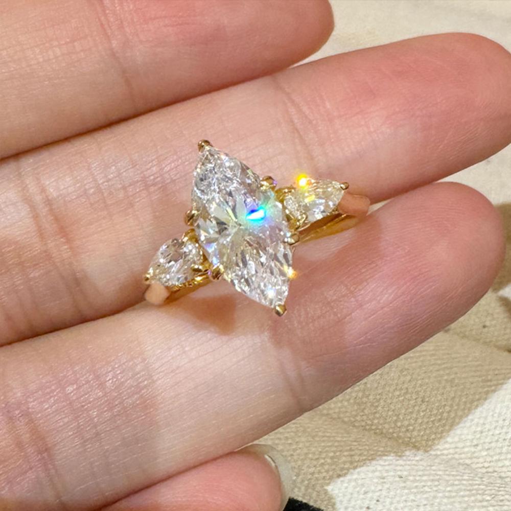 6x12mm Marquise Cut Zircon Rings for Women 100%   CopperSparkling 3 Stones Zirconia Ring Wedding Bands Jewelry Gift