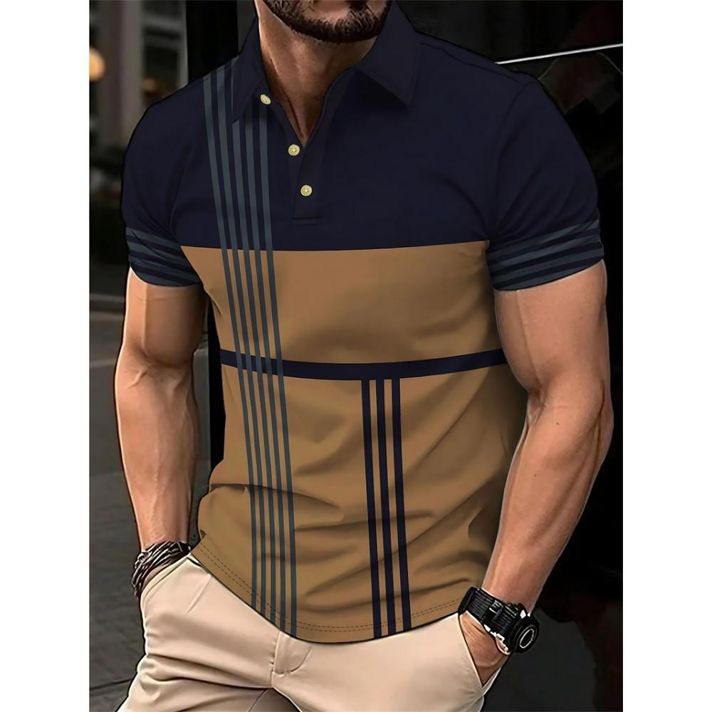 Simple Striped Polo Shirts For Men Summer Casual Short Sleeve 3D Printed Business Polo Shirt Loose Breathable Daily Wear Tees