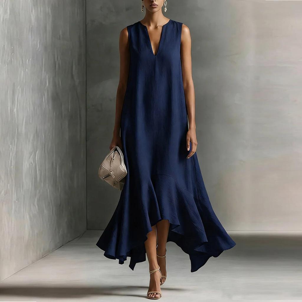 Sleeveless V Neck High Low Hem Maxi Dress for Women Loose Fit Flowy Lightweight Fabric Elegant Style