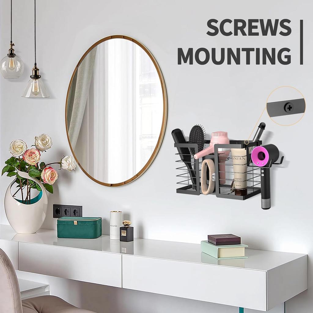 2Pcs Heat-Resistant Hair Tool Organizer, 3-in-1 Metal Wall Mount Holder for Blow Dryer Flat Iron Curling Wand, Bathroom Storage