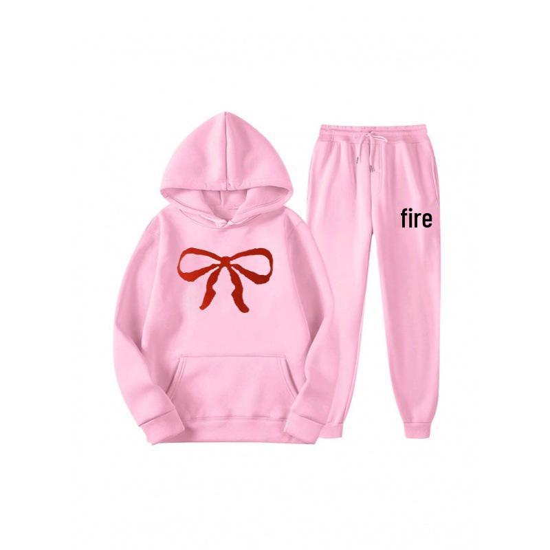 Unisex Casual Hoodie and Sweatpants Set - Loose Fit, Bowknot Printed