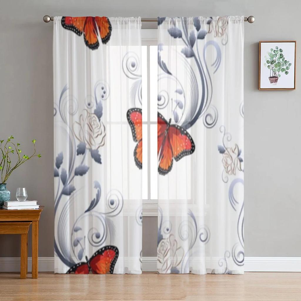 Abstract Flowers And Butterflies Sheer Window Curtains For Living Room Bedroom Voile Tulle Curtains Fabric Drapes For Kitchen