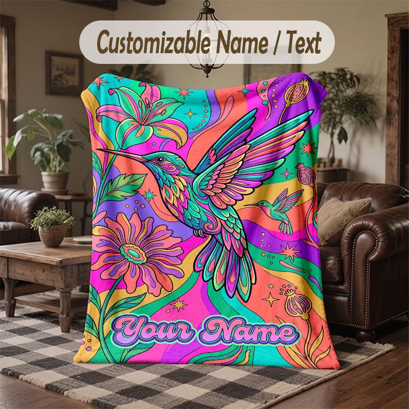 Hummingbird Garden Fantasy 3 Theme Throw Blanket Custom Name Text Personalized Blanket Soft Cozy Blanket for Home Sofa Bed