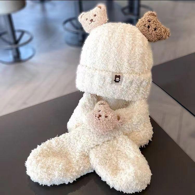 Baby hat autumn and winter plush scarf two-piece set baby boy and girl bear cute warm thickened toddler hat