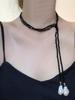 1pc Luxury Beaded Black Crystal Asymmetrical Pendant Necklace, Long Layered Baroque Pearl Choker For Women