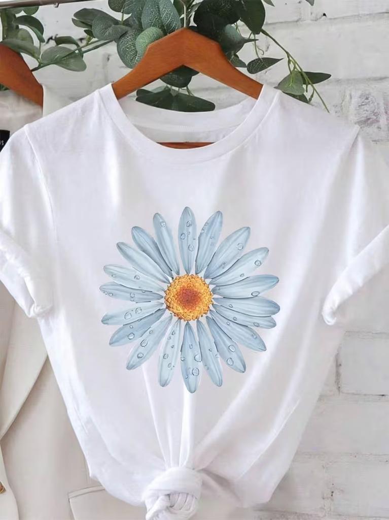 Daisy Flower Print Tshirt Casual Large White Daisy Graphic Short Sleeve Round Neck Tops Unisex Spring Summer Essential Tee