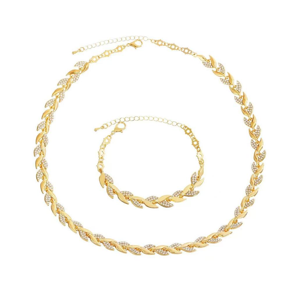 2 STÜCKE/Set Damen Schmuckset Blätterform Strassbesetzt Verstellbare Länge Halskette Armband