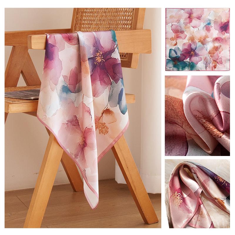 

Mulberry Silk Watercolor Floral Scarf - Luxury Gift for Women & Elders, Chic Neck Warmer 53x53 cm