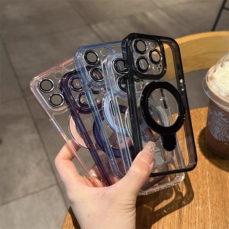 Ice Crystal Suitable for Iphone16promax Transparent Magnetic Bracket Mobile Phone Case Apple 15 Lens Film Full Inclusive Anti Fall