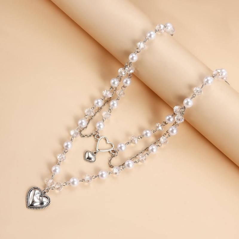 Elegant Imitation Pearls Necklace Love Heart Pendant Clavicle Chain Multilayer Collarbone Chains Jewelry for Women Girls