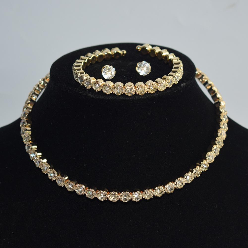 

3pcs Set Luxury Brand Shiny Crystal Beaded Earring Necklace Bracelet for Women Exquisite Wedding Bride Zircon Jewelry Set Gift золотий