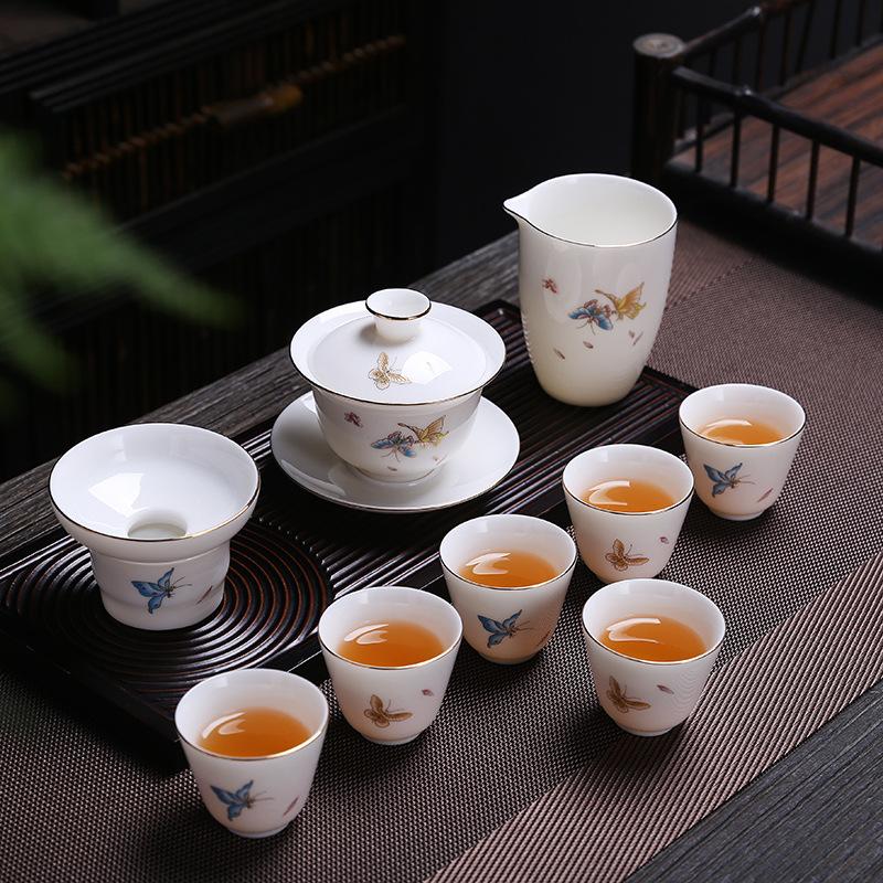 Ceramic suet jade porcelain kung fu tea set cover bowl teacup business company festival gifts