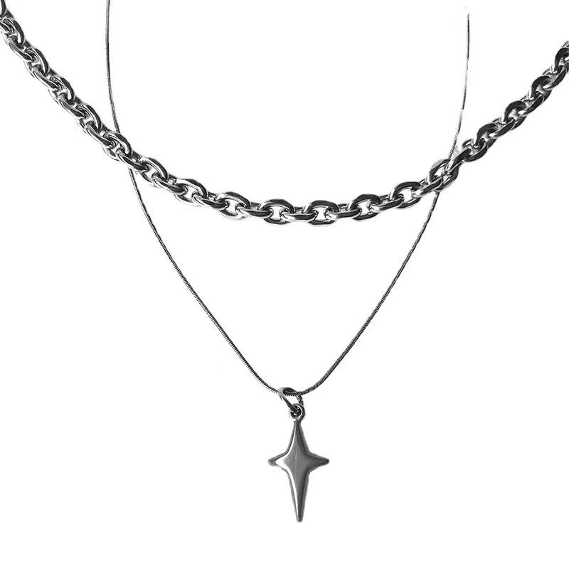 

Sweet Cool Spice Girl Metal Titanium Steel Chain Cross Necklace Cuban Chain Niche Clavicle Chain Four Points Star Neck Chain Accessories