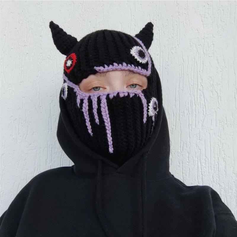 Y2K Style Crochet Halloween Party Cow Horn Parent-Child Ski Mask Hat