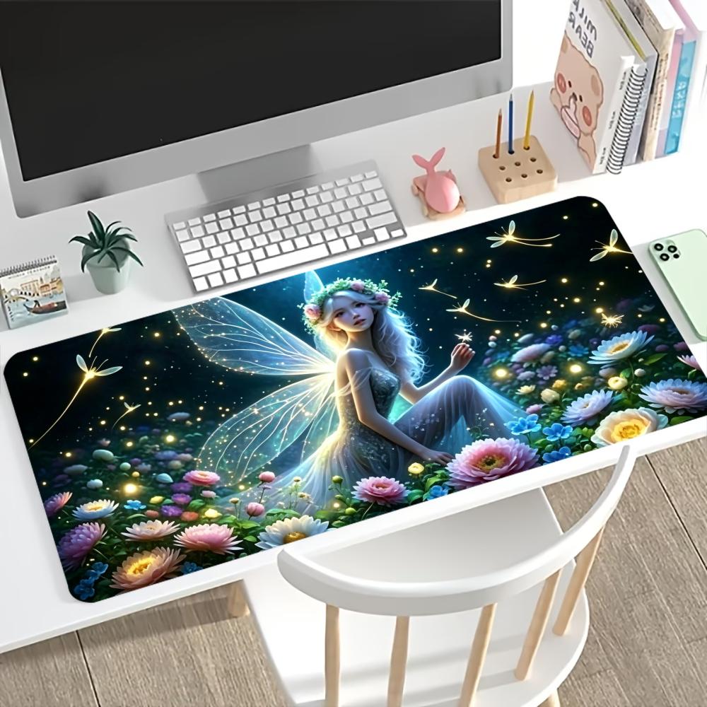 Starry Night Winged Fairy Gaming Mouse Pad Non Slip Rubber Stitched Edge Keyboard Table Mat For Laptop Office Desktop Setup